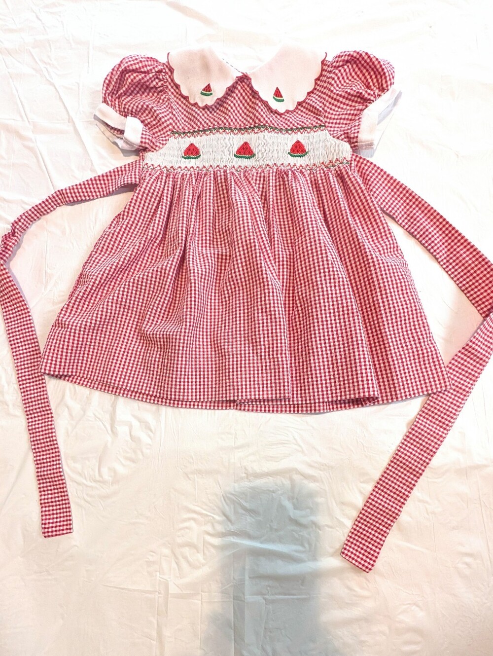 Friedknit Creations Smocked Watermelon Red Gingham Dress Girls 24 month Vintage